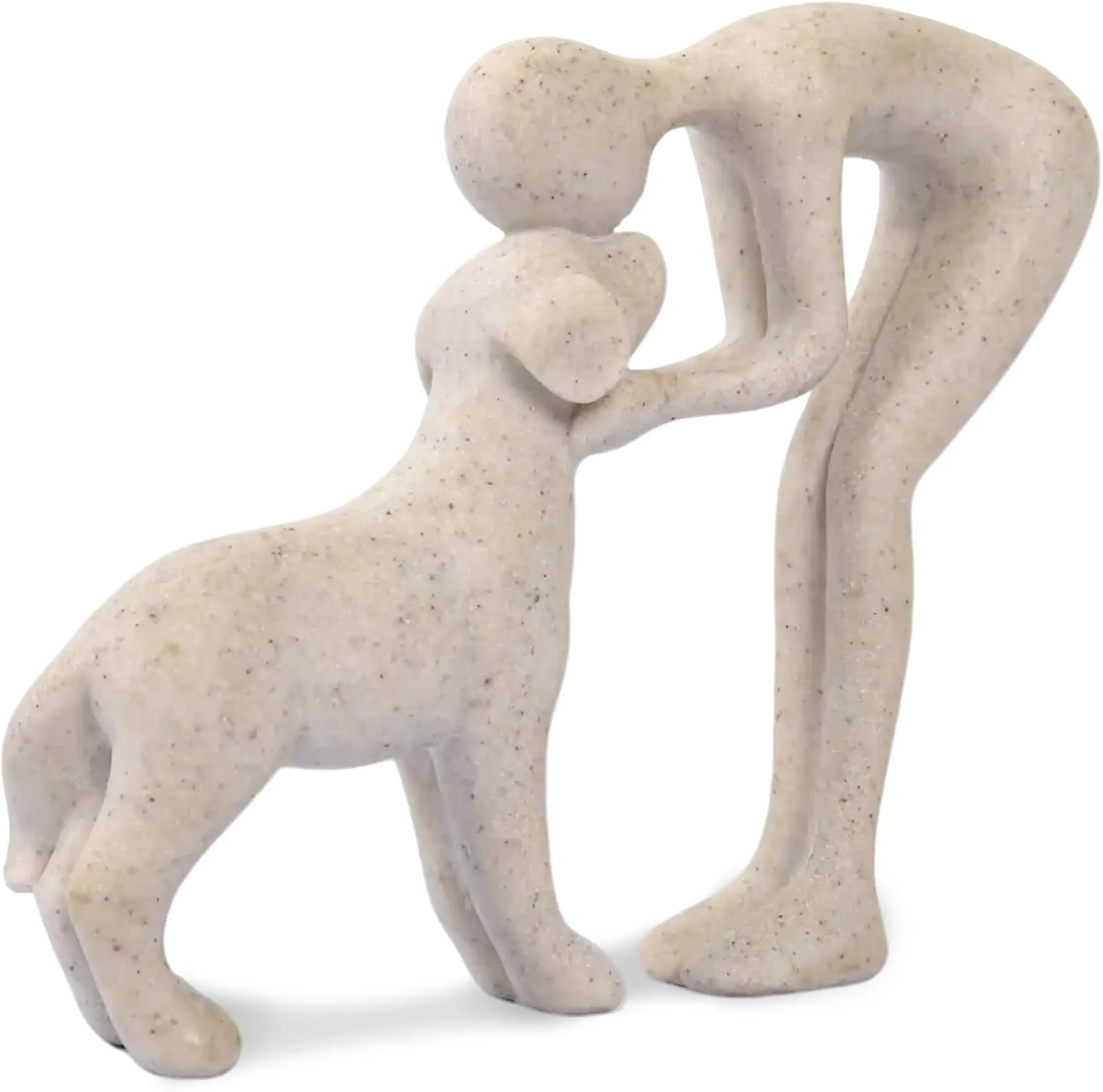 Abstract Person and Dog Head-to-Head Figurine Sandstone: Sculpture celebrating the bond between person and pet, touching memory keepsake for dog lovers
